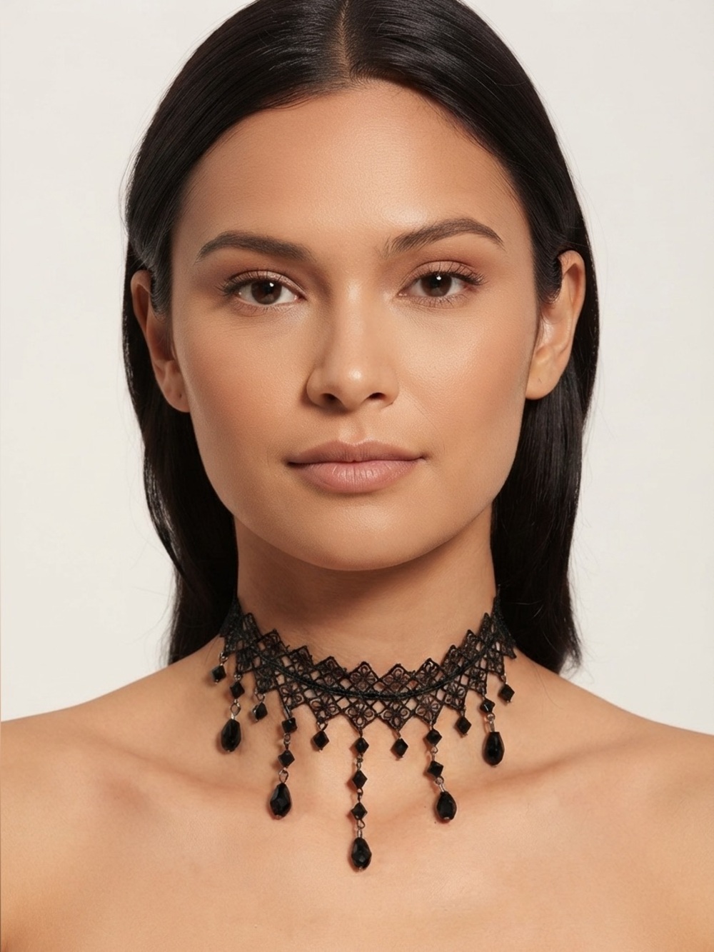 Black Lace Drop Bead Choker Necklace